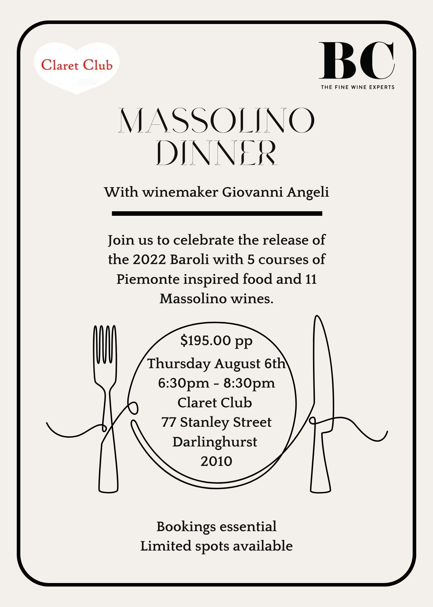 Massolino Dinner With Giovanni Angeli @ Claret Club: Thursday 6th August